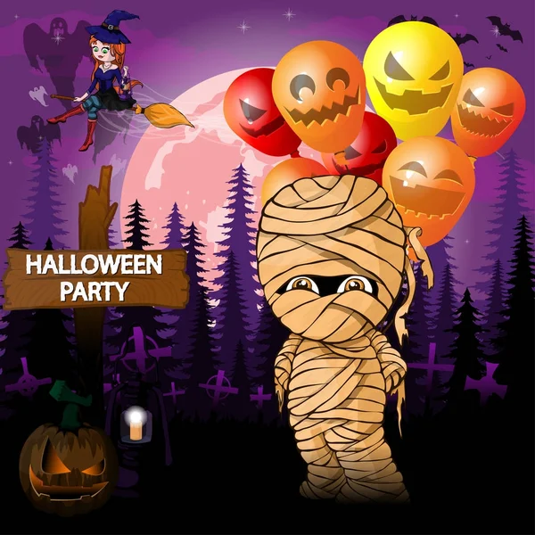 Halloween Party Design plantilla con momia con globos — Vector de stock
