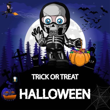 Cadılar Bayramı partisi tasarım şablonu bir takım elbise iskelet, cadı, kabak ve lamba bir çocukla