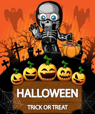 Halloween bir takım elbise iskelet bir çocukla poster. Vektör çizim.