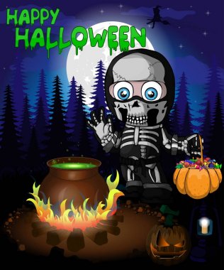 Cadılar Bayramı poster bir takım elbise iskelet ormanda çocukla. Vektör çizim.