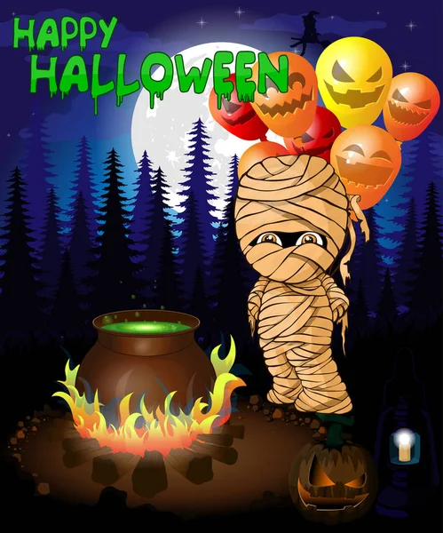 Affiche Halloween avec melon et momie avec ballons dans la forêt . — Image vectorielle