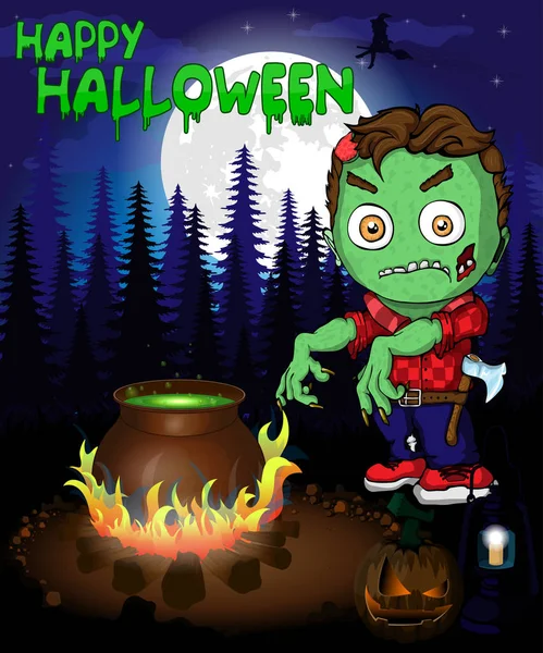 Cadılar Bayramı poster ile ormanda zombi. Vektör çizim.