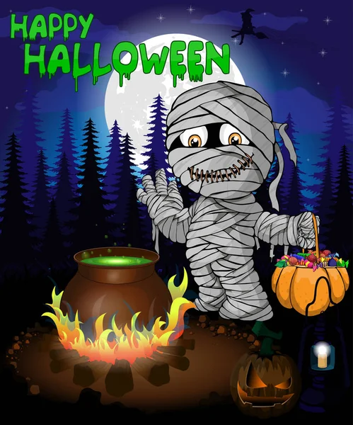 Cartel de Halloween con momia en el bosque. Ilustración vectorial . — Vector de stock