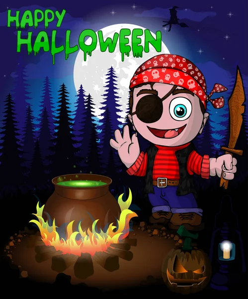 Cartel de Halloween con pirata en el bosque. Ilustración vectorial . — Archivo Imágenes Vectoriales