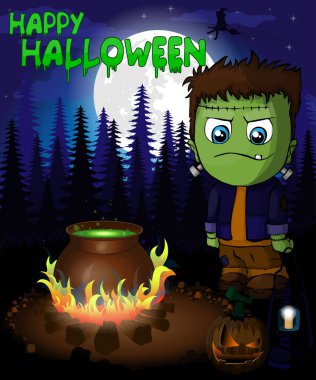 Cadılar Bayramı poster ormandaki Frankenstein ile. Vektör çizim.
