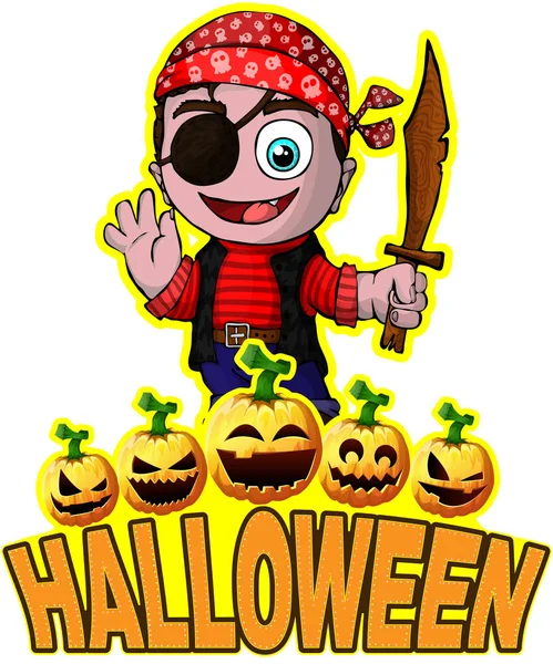 Affiche d'Halloween avec pirate dessin animé mignon — Image vectorielle
