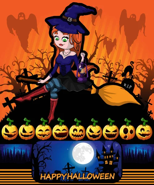 Плакат на Хэллоуин с ведьмой. Векторная иллюстрация . — стоковый вектор