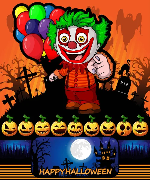 Halloween affisch med clown håller en ballonger. Vektorillustration. — Stock vektor