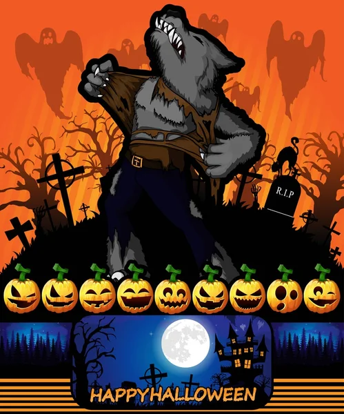 Cartel de Halloween con hombre lobo. Ilustración vectorial . — Archivo Imágenes Vectoriales