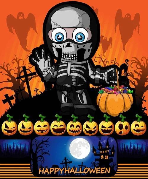 Cartel de Halloween con un niño en un esqueleto de traje. Ilustración vectorial . — Vector de stock