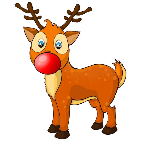 Illustration of a happy cartoon Christmas red nose reindeer Rudolph. Vector character. — Stock Vector
