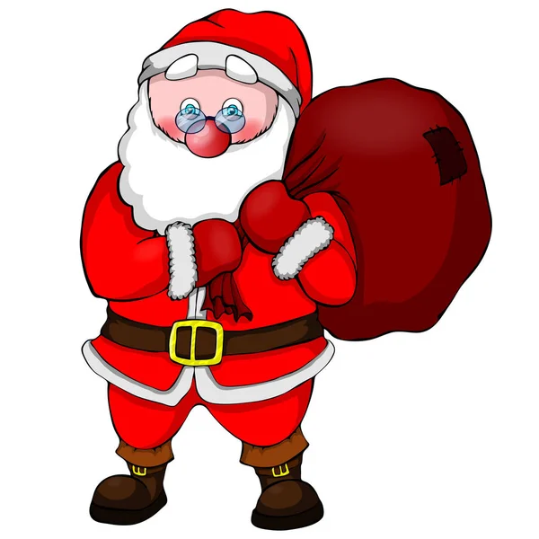 Santa Claus llevando saco lleno de regalos . — Vector de stock