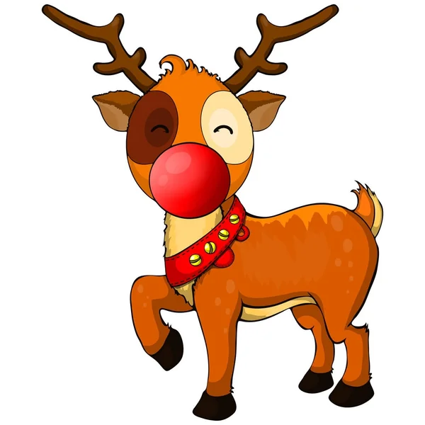 Illustration of a happy cartoon Christmas red nose reindeer Rudolph. Vector character. — Stock Vector