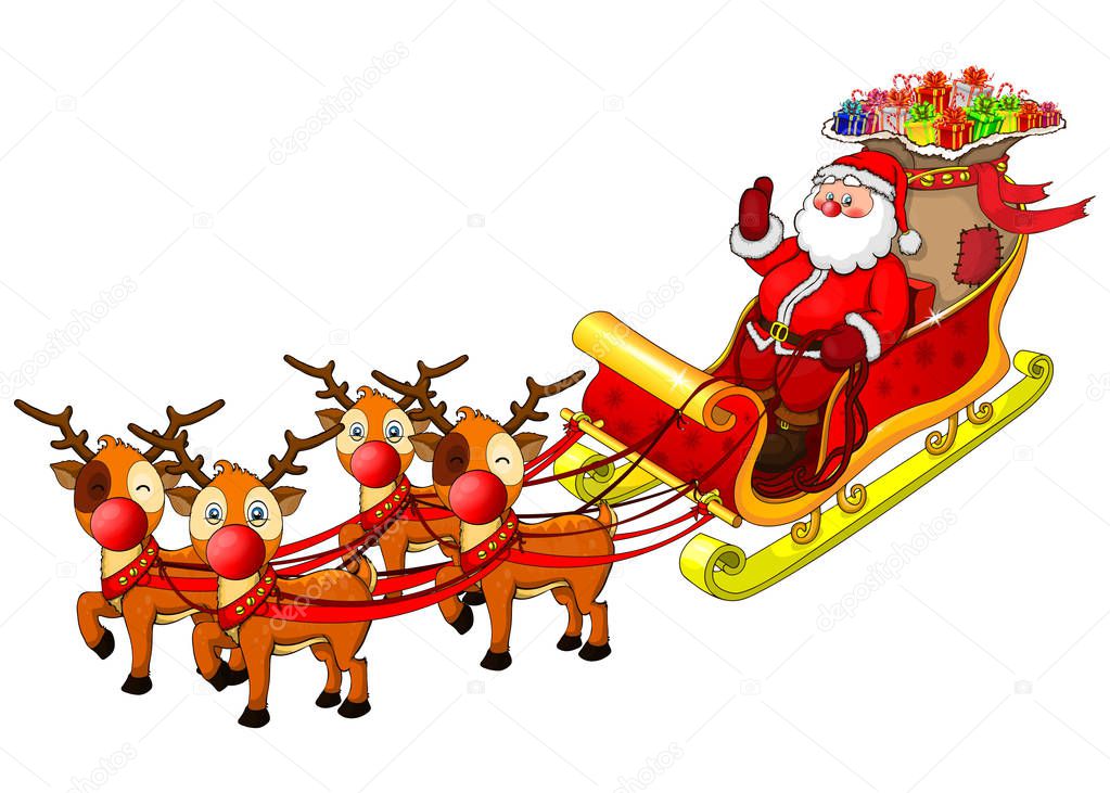 Cartoon illustration of Santa Claus in his sleigh.