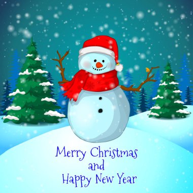 Vektör karikatür çizim karlı bir arka plan üzerinde şirin bir kardan adam