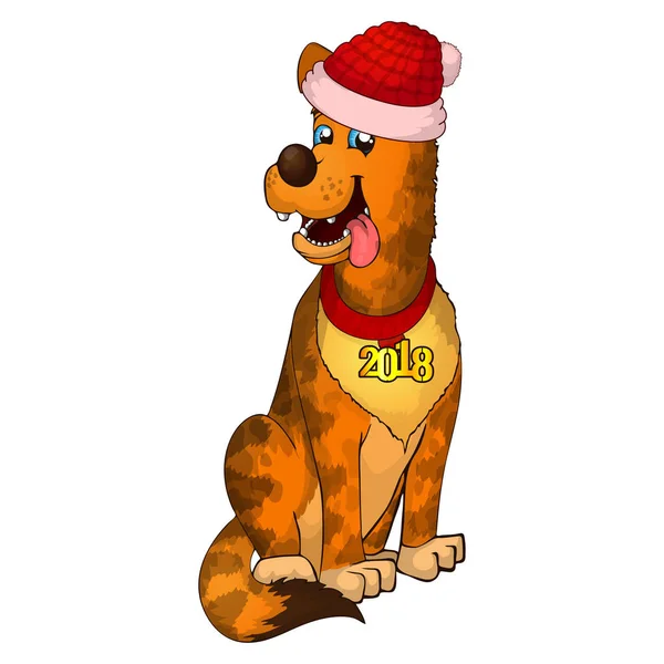 Nuovo anno 2018 cagnolino. Cartone animato Happy Dog. Carino cuccioli marroni — Vettoriale Stock