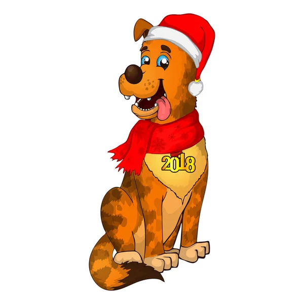 Nuovo anno 2018 cagnolino. Cartone animato Happy Dog. cane di Natale con sciarpa rossa. Carino cuccioli marroni — Vettoriale Stock