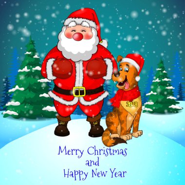 Neşeli Noel tebrik kartı ile orman ve kar taneleri arka plan üzerinde sevimli Noel Baba ve Noel köpek