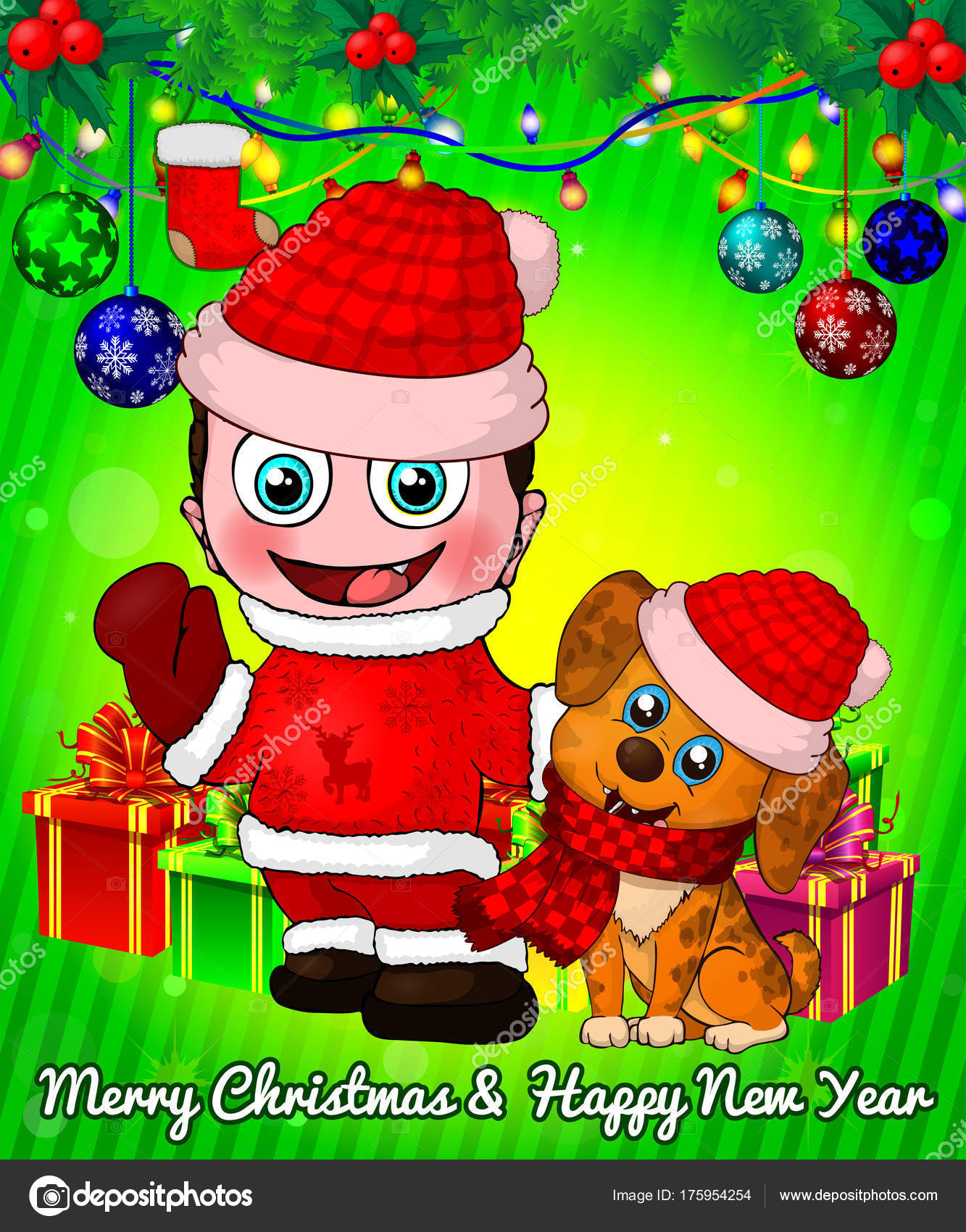 Dessin Animé Cristmas Garçon Et Chien Avec Les Coffrets