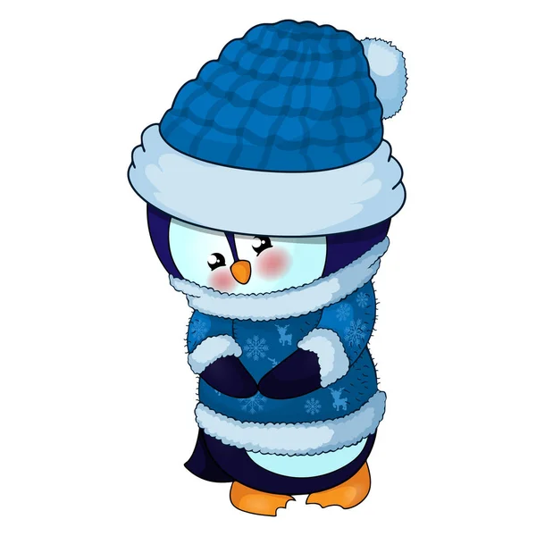 Illustrazione di carino pinguino di Natale in un cappello blu e maglione — Vettoriale Stock