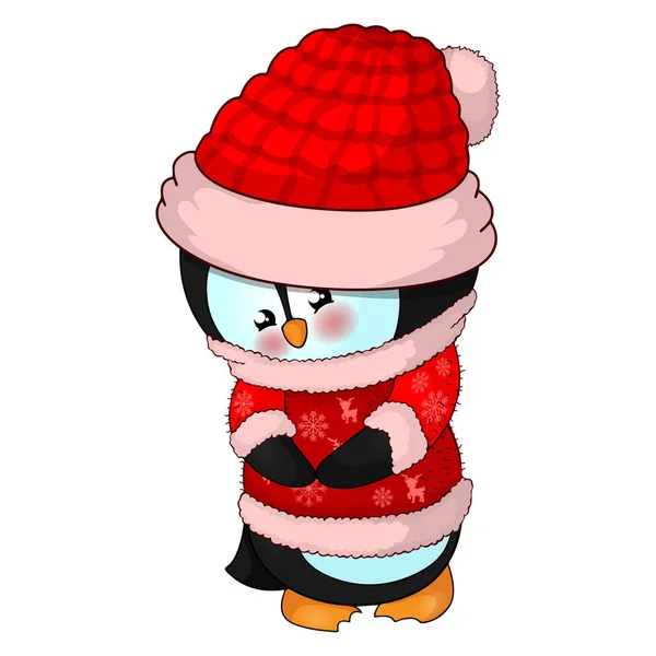 Illustrazione di carino pinguino di Natale in un cappello rosso e maglione . — Vettoriale Stock