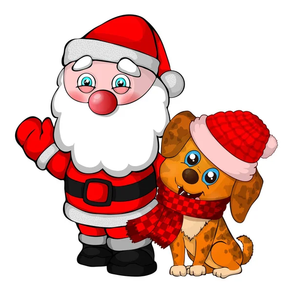 Weihnachtsmann und Hundefigur. Frohe Weihnachten und ein gutes neues Jahr. — Stockvektor