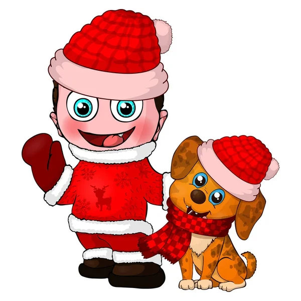 Boy and dog character. Merry christmas and happy new year. — Stock Vector