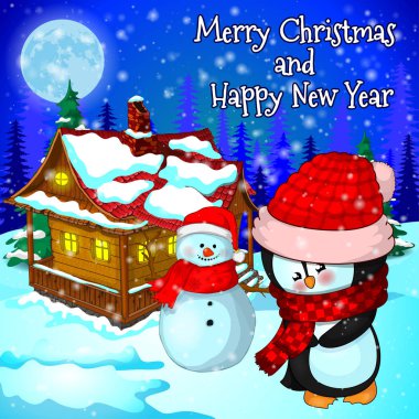 Noel, yatay, kar, orman, ev kardan adam ve penguen.