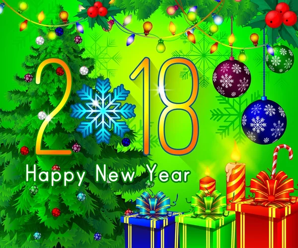 Bonne année 2018 conception de texte sur un fond vert. Illustration vectorielle de salutation avec chiffres dorés et flocons de neige — Image vectorielle