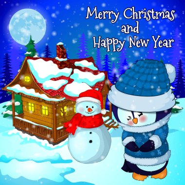 Noel, yatay, kar, orman, ev kardan adam ve penguen.