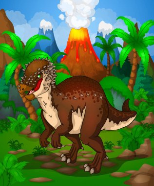 Sevimli çizgi pachycephalosaurus. Bir çizgi film dinozor vektör çizim.