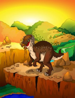 Sevimli çizgi pachycephalosaurus manzara arka plan ile. Bir çizgi film dinozor vektör çizim.