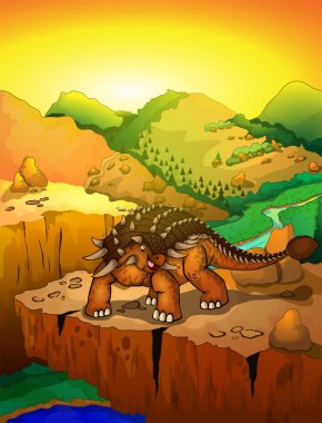 Sevimli çizgi ankylosaurus manzara arka plan ile. Bir çizgi film dinozor vektör çizim.
