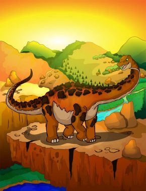 Sevimli çizgi Not manzara arka plan ile. Bir çizgi film dinozor vektör çizim.