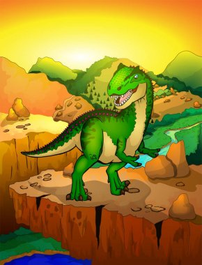 Sevimli çizgi allosaur manzara arka plan ile. Bir çizgi film dinozor vektör çizim.