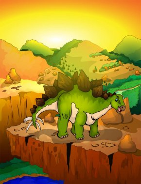 Sevimli çizgi stegosaur manzara arka plan ile. Bir çizgi film dinozor vektör çizim.