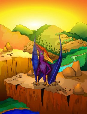Sevimli çizgi pteranodon manzara arka plan ile. Bir çizgi film dinozor vektör çizim.