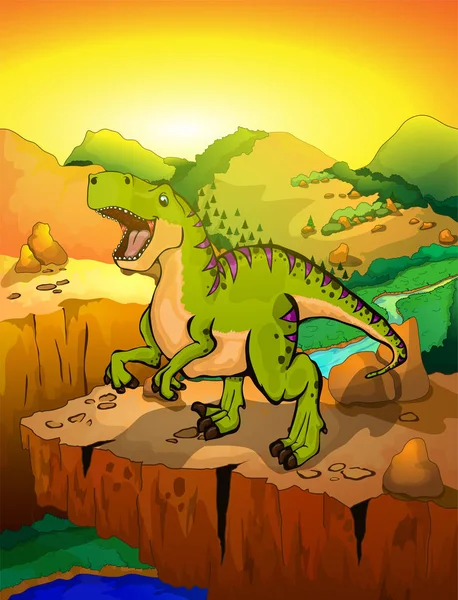 Kartun lucu Tiranosaurus dengan latar belakang pemandangan. Vektor ilustrasi dari dinosaurus kartun . - Stok Vektor