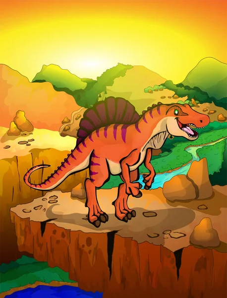 Cute kartun spinosaur dengan latar belakang lanskap. Vektor ilustrasi dari dinosaurus kartun . - Stok Vektor