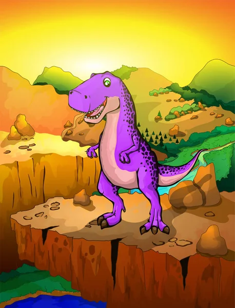 Lindo tiranosaurio de dibujos animados con fondo de paisaje. Ilustración vectorial de un dinosaurio de dibujos animados . — Vector de stock
