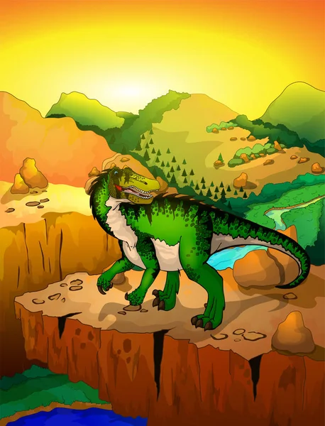 Kartun lucu Baryonyx dengan latar belakang lanskap. Vektor ilustrasi dari dinosaurus kartun . - Stok Vektor