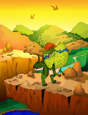 Sevimli çizgi dilophosaur manzara arka plan ile. 