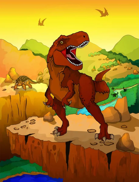 Desenhos animados bonitos tiranossauro com paisagem de fundo . — Vetor de Stock