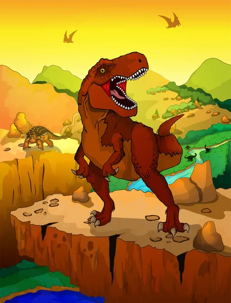 Sevimli çizgi tyrannosaurus manzara arka plan ile. 
