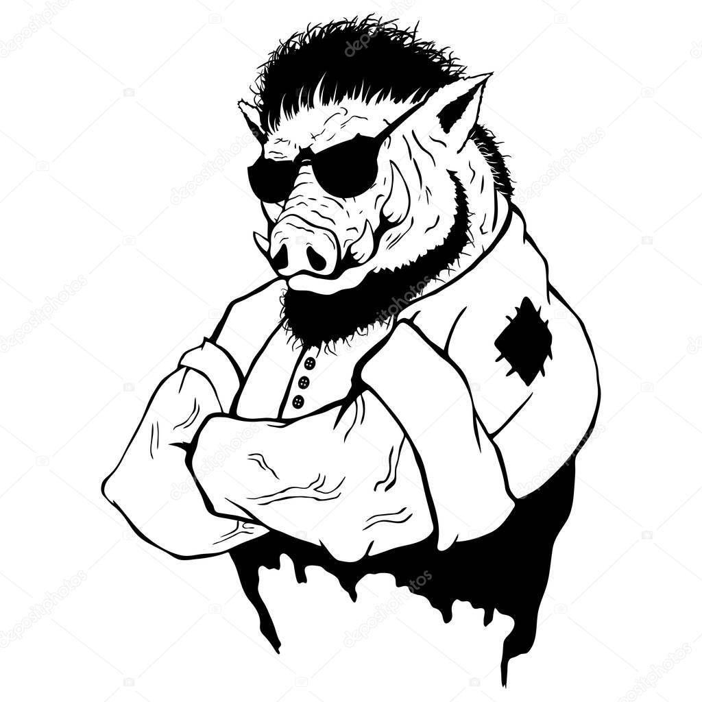 Isolated vector illustration a strong wild boar - man
