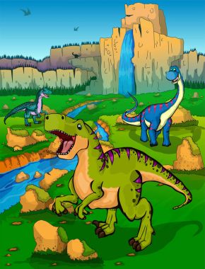 Sevimli çizgi Tyrannosaurus, Diplodocus ve velociraptor doğa arka plan üzerinde.