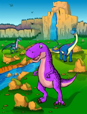 Sevimli çizgi Tyrannosaurus, Diplodocus ve velociraptor doğa arka plan üzerinde.