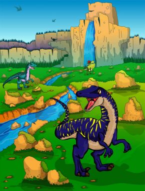 Sevimli çizgi Jurrasic doğa arka plan üzerinde. 