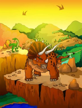 Sevimli çizgi triceratops manzara arka plan ile.