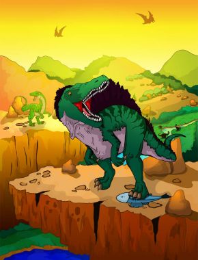 Sevimli çizgi spinosaur manzara arka plan ile. 